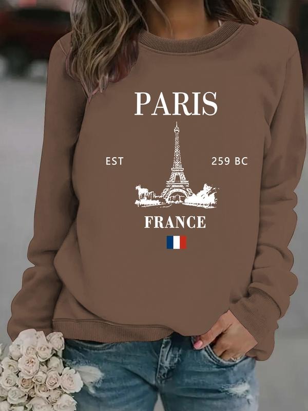 Women's Casual Paris Pattern Pullover Sweater, Soft Long Sleeve Round Neck Sweatshirt, All-Season Comfortable Daily Wear...