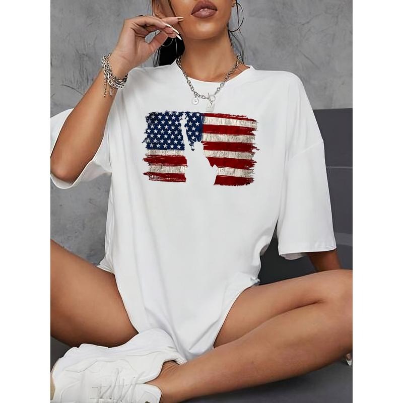 Women's Casual Patriotic T-Shirt - Short Sleeve, Crew Neck, American Flag Print, Machine Washable