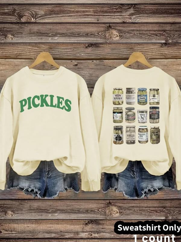 Women's Casual Pickles Letter Print Olive Pullover Sweater, Soft Long Sleeve Round Neck Sweatshirt, All Seasons Wear...