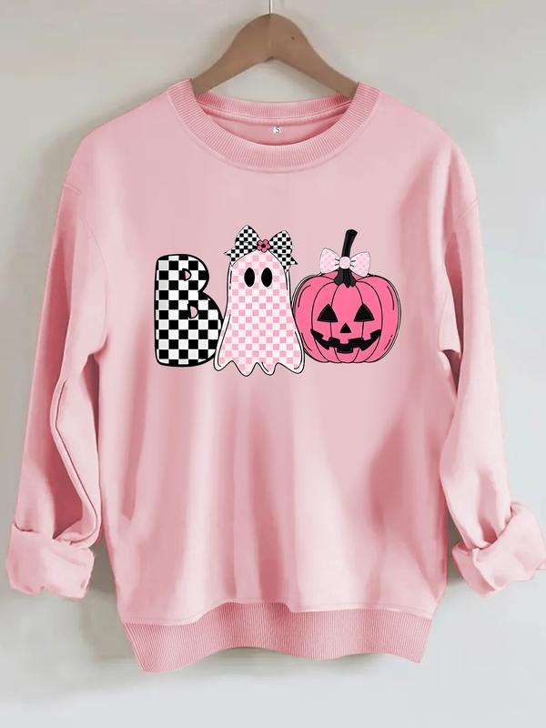 Women's Casual Plaid Ghost Rose Pumpkin Print Pullover Sweater, Soft Long Sleeve Round Neck Halloween Sweatshirt...