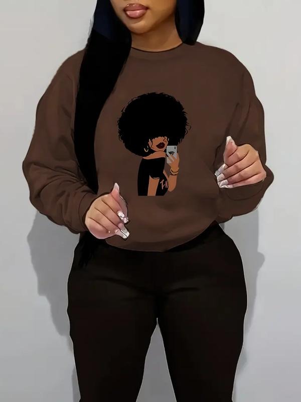 Women's Casual Portrait Print Hoodie, Soft Long Sleeve Round Neck Sweatshirt, All-Season Comfort, Durable Fabric T-Shirts