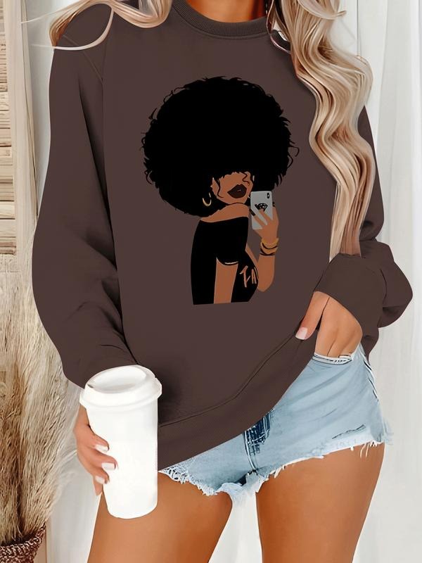 Women's Casual Portrait Print Pullover Sweater, Soft Long Sleeve Round Neck Sweatshirt, Comfortable Daily Wear T-Shirts,...