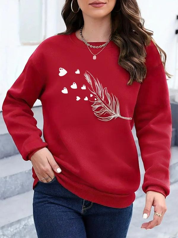 Women's Casual Pullover Sweater with Heart and Feather Print, Soft Long Sleeve Round Neck Sweatshirt for All Seasons,...