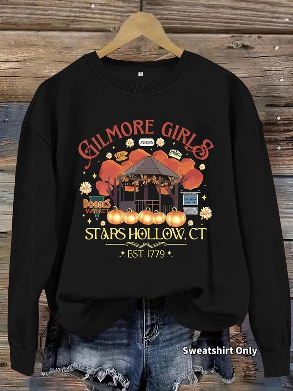 Women's Casual Pumpkin Castle Print Pullover Sweater, Soft Long Sleeve Round Neck Sweatshirt, Comfortable Daily Wear...