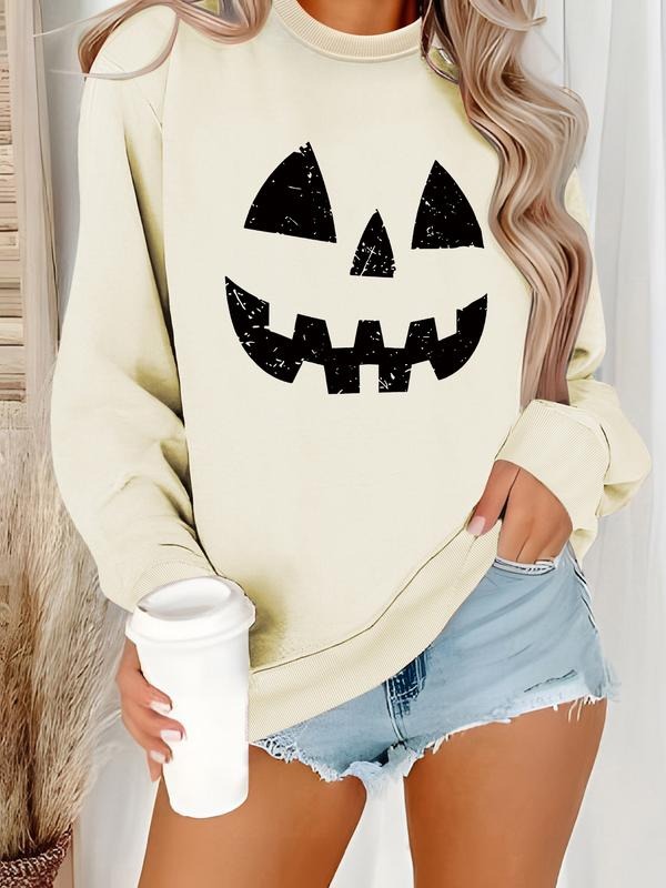 Women's Casual Pumpkin Face Sweatshirt, Soft Long Sleeve Round Neck Halloween Pullover, Comfortable Daily Wear T-Shirts,...