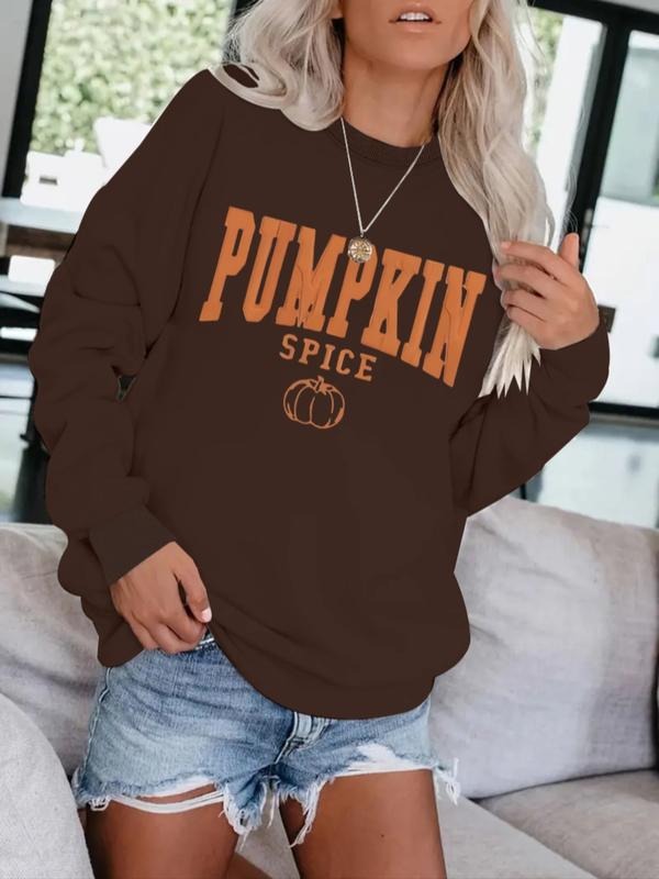 Women's Casual Pumpkin Letter Print Pullover Sweater, Soft Long Sleeve Round Neck Sweatshirt, All-Season Wear T-Shirts,...