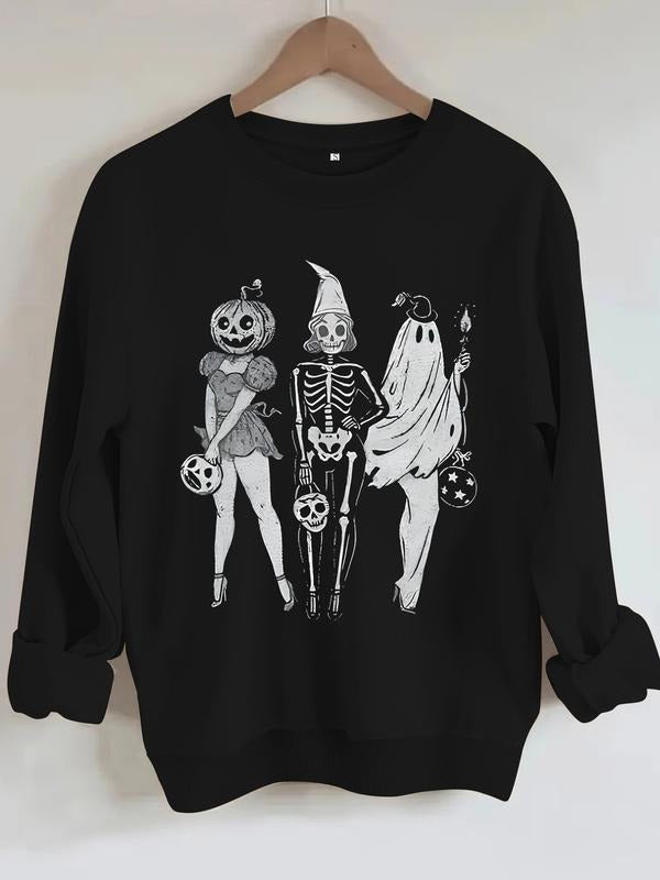 Women's Casual Pumpkin Skull Graphic Pullover Sweater, Soft Long Sleeve Round Neck Halloween Sweatshirt, All Seasons Wear...
