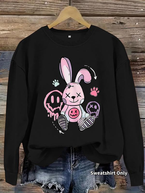 Women's Casual Rabbit Graffiti Pullover Sweater, Soft Long Sleeve Round Neck Sweatshirt, Comfortable Daily Wear T-Shirts,...