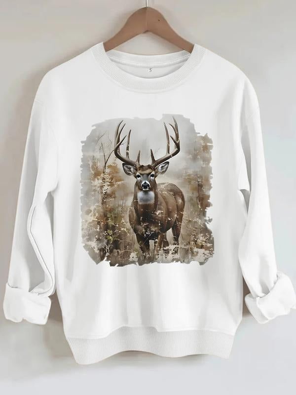 Women's Casual Reindeer Print Pullover Sweater, Soft Long Sleeve Round Neck Sweatshirt, Comfortable Daily Wear T-Shirts,...