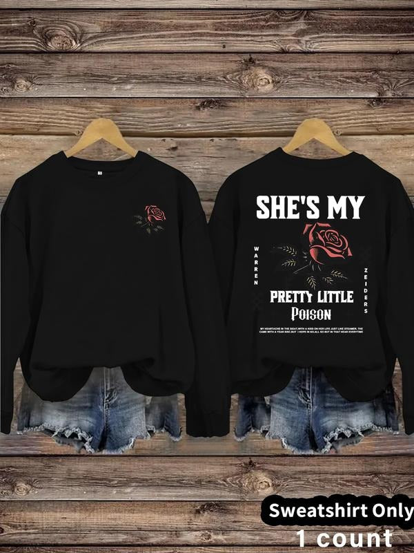 Women's Casual Rose Letter Print Pullover Sweater, Soft Long Sleeve Round Neck Sweatshirt, Comfortable Daily Wear...