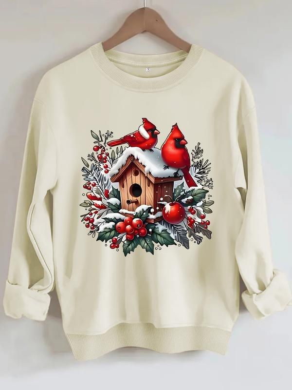Women's Casual Round Neck Christmas Sweatshirt, Festive Quail Design, All-Season Fashion Top, Comfort Wear T-Shirts, Hoodie