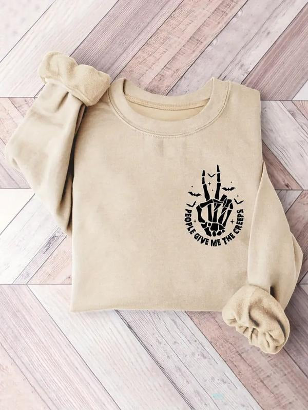 Women's Casual Round Neck Pullover Sweatshirt, Halloween Cartoon Skull Print, Fitted Woven Fabric, All Seasons Wear,...