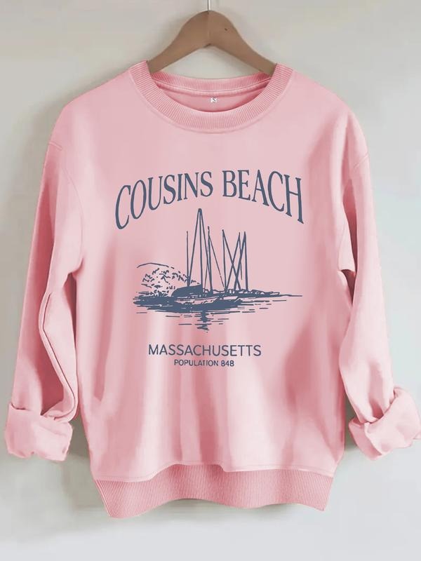 Women's Casual Round Neck Sweatshirt with Beach Pattern Print, Fall & Winter Fitted Pullover, Graduation Teacher...