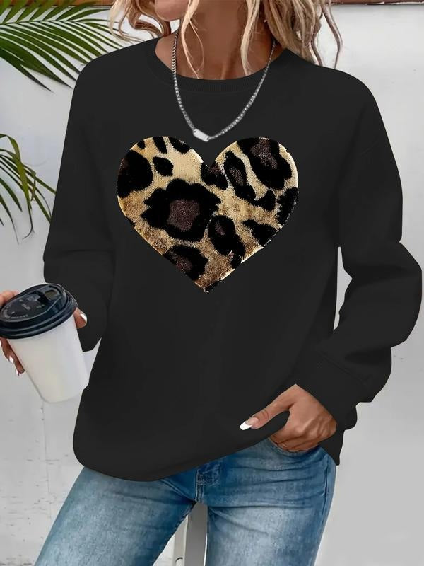 Women's Casual Round Neck Sweatshirt with Cartoon Heart Pattern, All-Season Fashion Top, Comfortable Daily Wear T-Shirts,...