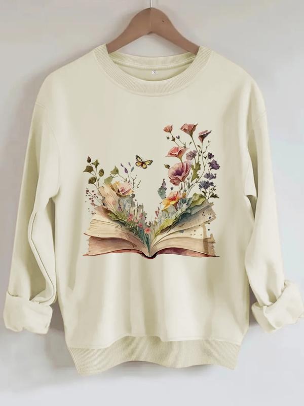 Women's Casual Round Neck Sweatshirt with Floral Pattern, All-Season Fashion Top, Comfortable Daily Wear T-Shirts, Hoodie