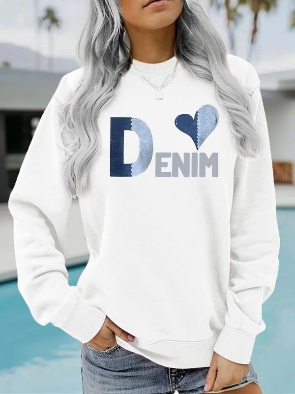 Women's Casual Round Neck Sweatshirt with Letter Heart Pattern, All-Season Fashion Top, Comfort Daily Wear T-Shirts, Hoodie