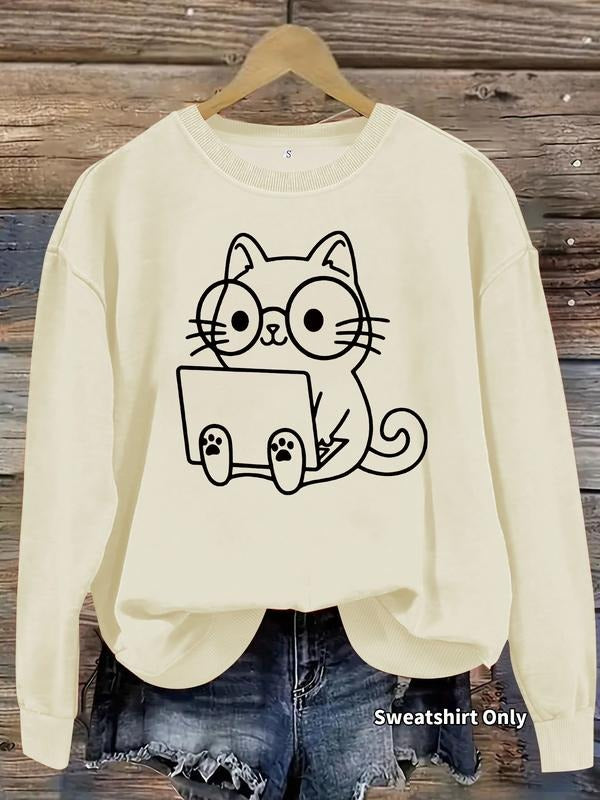 Women's Casual Round Neck Sweatshirt with Notebook Glasses Line Cat Pattern, All-Season Fashion Top, Comfort Daily Wear...