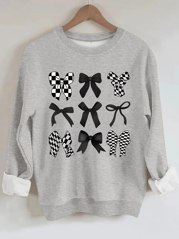 Women's Casual Round Neck Sweatshirt with Plaid Bow Pattern, All-Season Fashion Top, Comfort Daily Wear T-Shirts, Hoodie