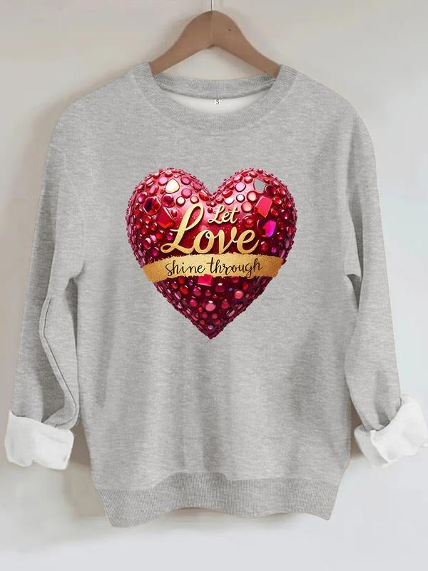 Women's Casual Round Neck Sweatshirt with Sparkling Heart Rhinestones, and Gold Valentine's Day Pattern, All-Season...