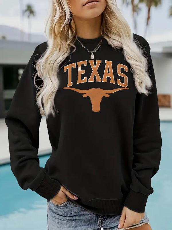 Women's Casual Round Neck Sweatshirt with Texas Cow Head Pattern, All-Season Fashion Top, Comfort Daily Wear T-Shirts, Hoodie