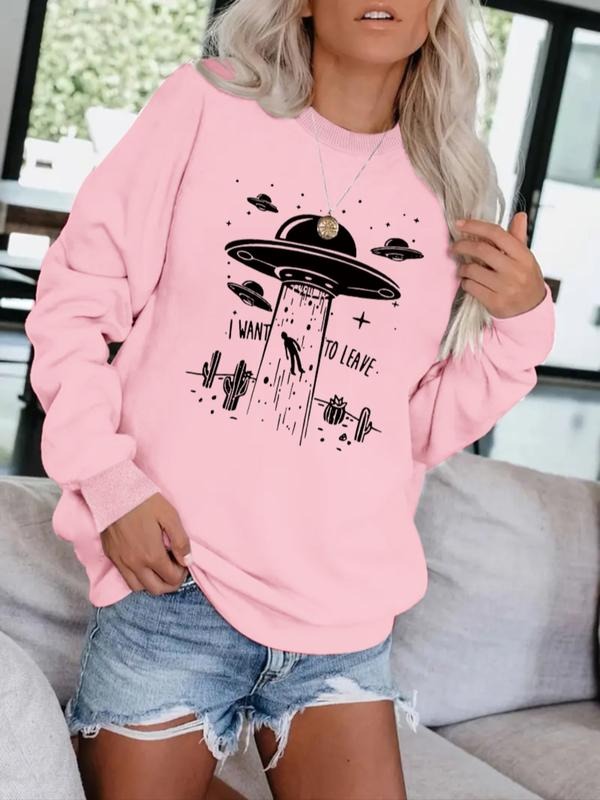 Women's Casual Round Neck Sweatshirt with Ufo Alien Spaceship Pattern, All-Season Fashion Top, Comfort Daily Wear...