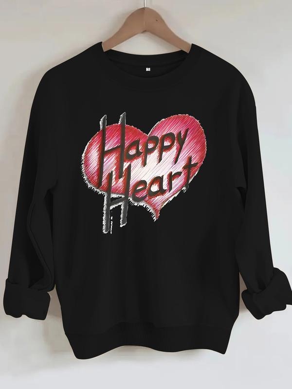 Women's Casual Round Neck Sweatshirt, Happy Heart & Flower Print, All-Season Fashion Top, Comfortable Daily Wear...