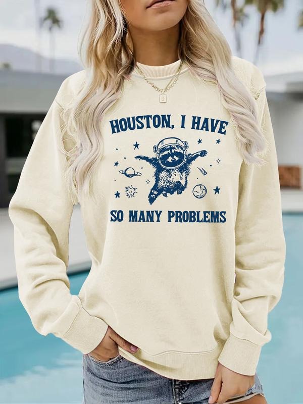 Women's Casual Round Neck Sweatshirt, Houston Squirrel Astronaut Design, All-Season Fashion Top, Comfort Wear T-Shirts,...