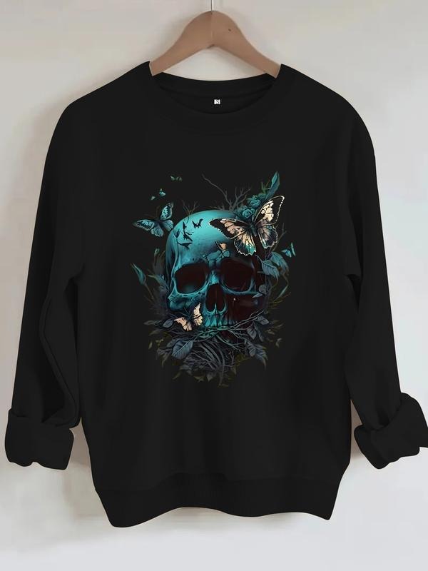 Women's Casual Round Neck Sweatshirt, Skull Branch Butterfly Pattern, All-Season Fashion Top, Comfort Wear T-Shirts, Hoodie