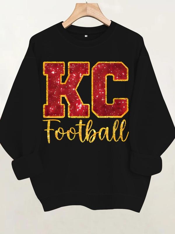 Women's Casual Sequin Letter Pattern Hoodie, Soft Long Sleeve Round Neck Sweatshirt, All-Season Comfort T-Shirts