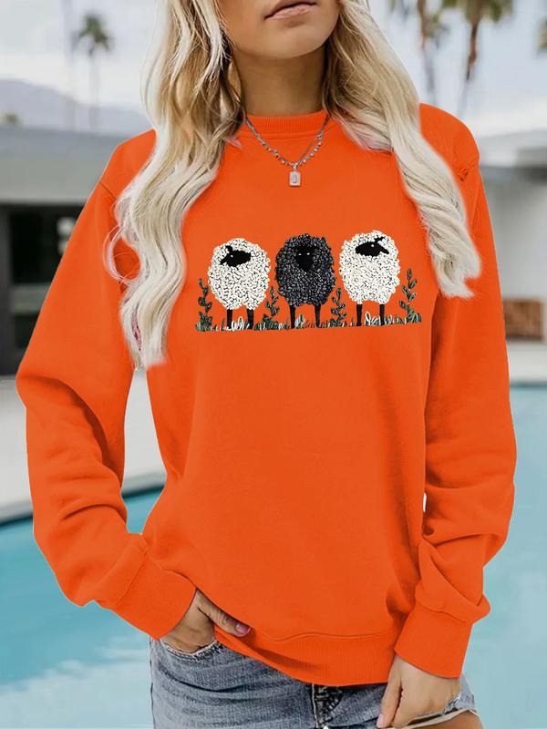Women's Casual Sheep Print Pullover Sweater, Soft Long Sleeve Round Neck Sweatshirt, All-Season Comfortable Daily Wear...