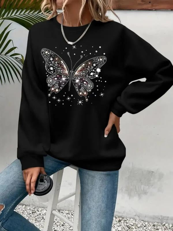 Women's Casual Shiny Butterfly & Star Pattern Pullover, Soft Long Sleeve Round Neck Sweatshirt, All-Season Wear T-Shirts,...