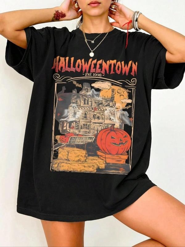 Women's Casual Short Sleeve Round Neck Graphic Tee, Loose Fit Halloween Castle Pumpkin Print Black Shirt, All Season...