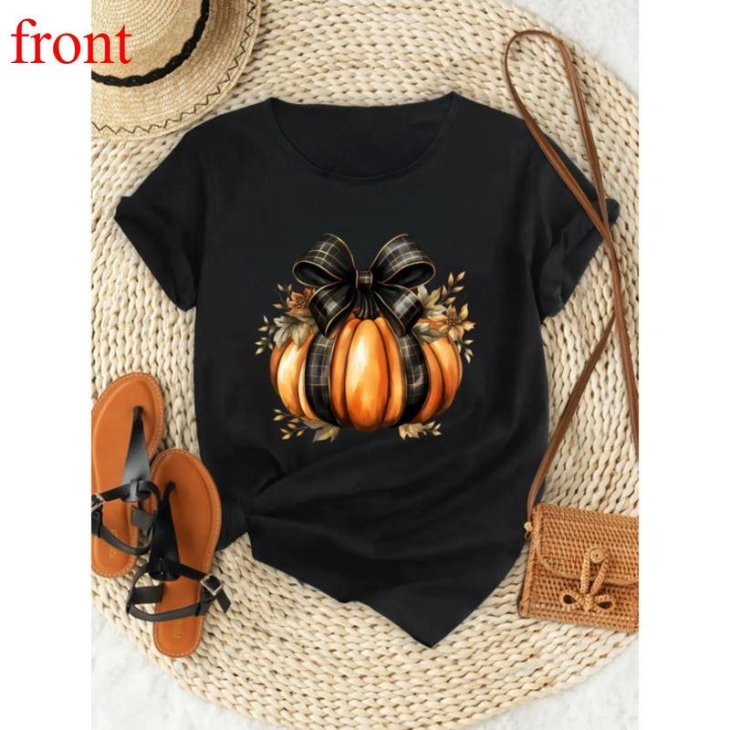 Women's Casual Short Sleeve T-Shirt - Pumpkin and Bowknot Print Loose Round Neck Summer Top, Breathable and Machine...