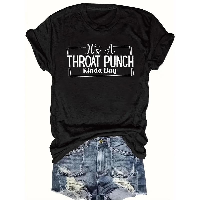 Women's Casual Short Sleeve T-Shirt with "His THROAT PUNCH Kinda Day" Graphic Print - Black & White Geometric Pattern,...