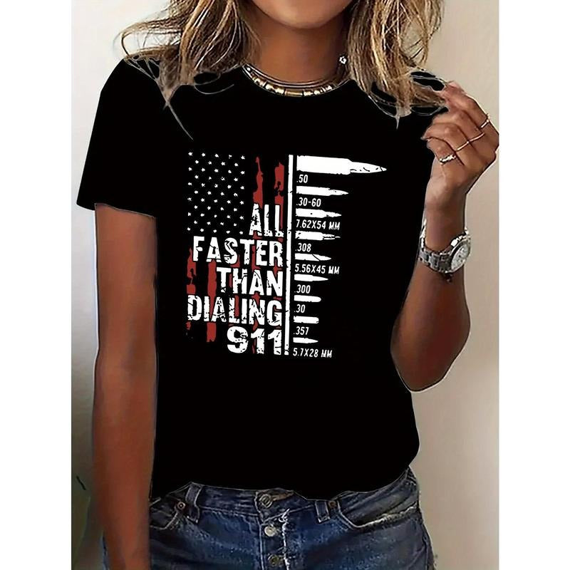 Women's Casual Short Sleeve T-Shirt with Patriotic American Flag & Humorous Dialing Time Design - Round Neck, Medium...