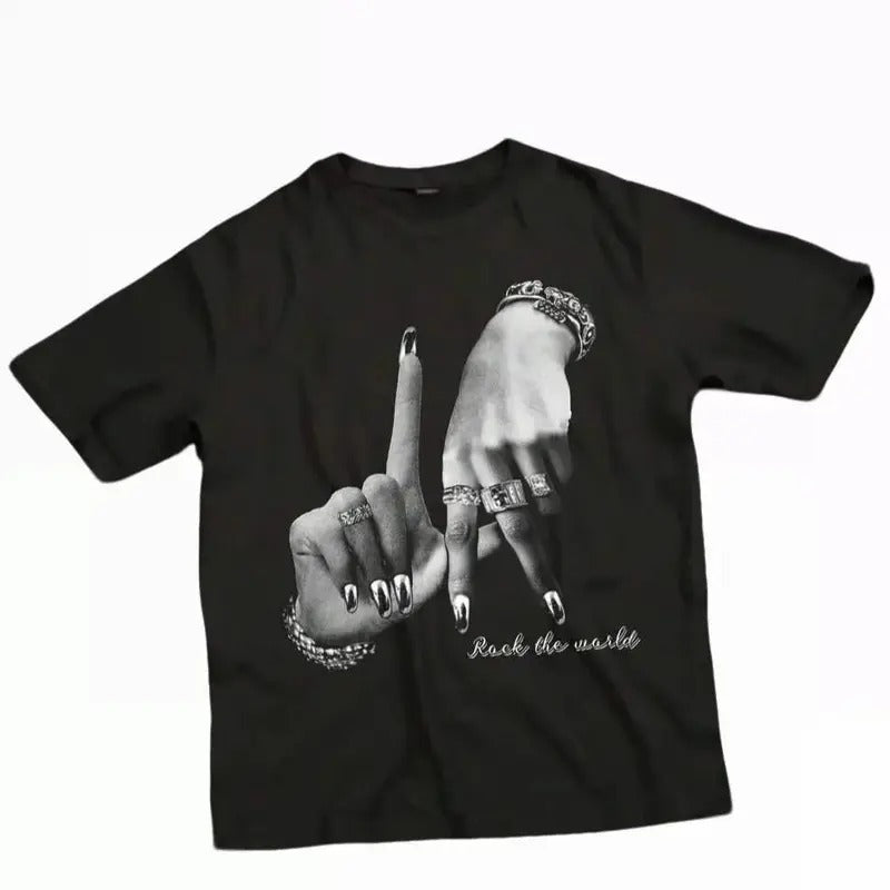 Women's Casual Simple Hand Gesture Print Loose Crew Neck Short Sleeve T-Shirt, Summer,Chrismast Hoodie, Sweatshirt