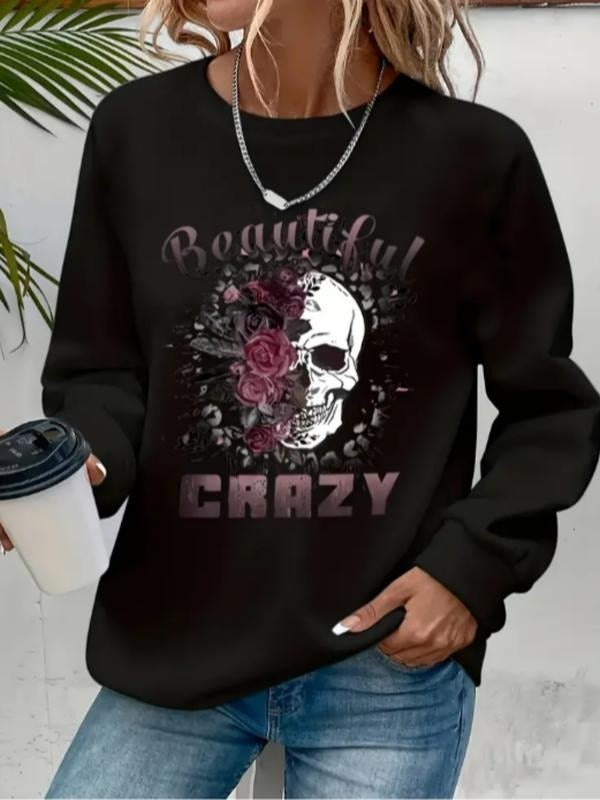 Women's Casual Skull Flower Pattern Pullover Sweater, Soft Long Sleeve Round Neck Sweatshirt, Comfortable Daily Wear...