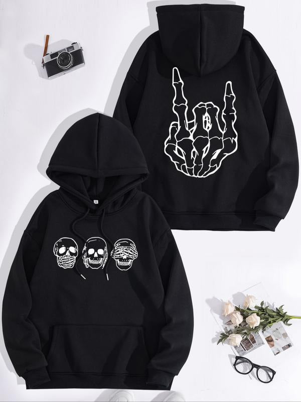 Women's Casual Skull Hoodie with Pockets, Loose-Fit Thick Knit Pullover for Fall & Winter, Sweatshirt T-Shirts