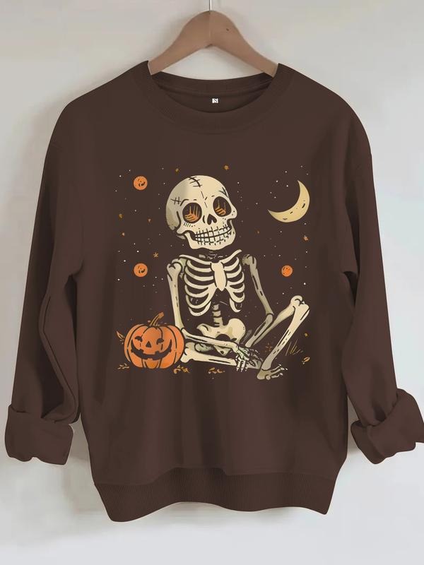 Women's Casual Skull Moon Pumpkin Print Pullover Sweater, Soft Long Sleeve Round Neck Halloween Sweatshirt, All Seasons...