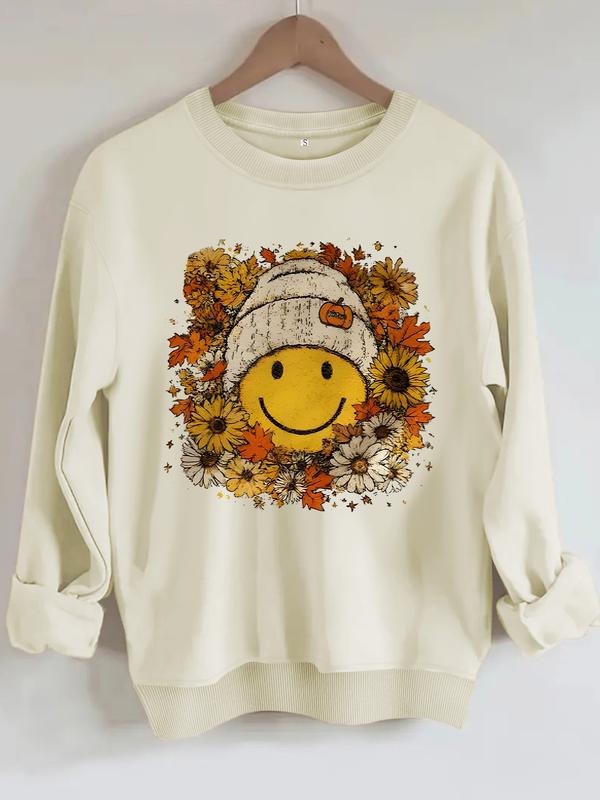 Women's Casual Smiley Face Floral Sweatshirt, Soft Long Sleeve Round Neck Pullover, Comfortable Daily Wear T-Shirts, Hoodie