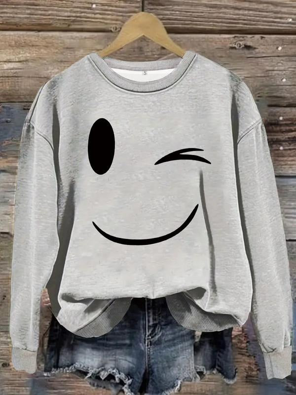 Women's Casual Smiley Face Graphic Pullover Sweater, Soft Long Sleeve Round Neck Sweatshirt, Comfortable Daily Wear...