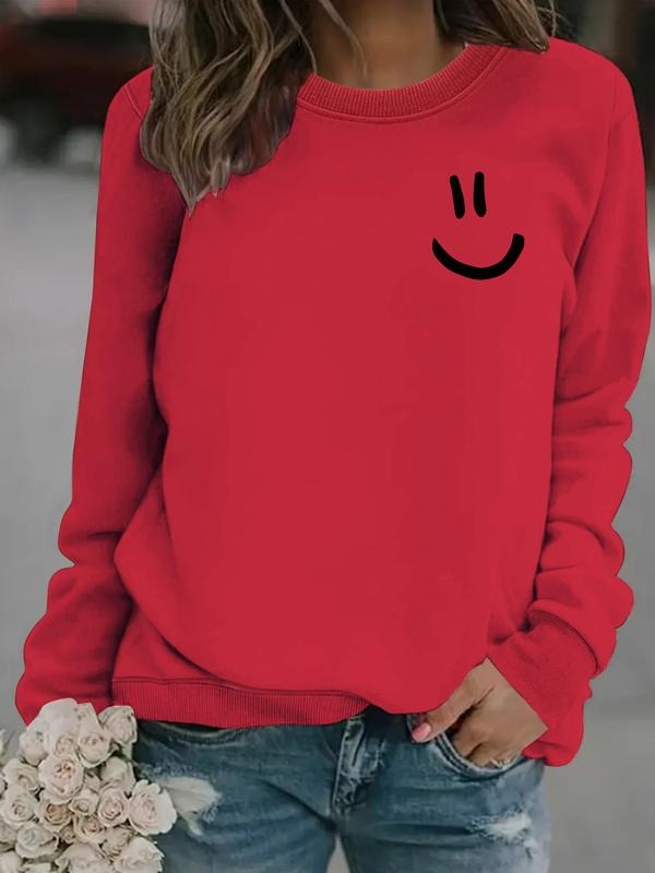 Women's Casual Smiley Face Print Pullover Sweater, Soft Long Sleeve Round Neck Sweatshirt, Comfortable Daily Wear...