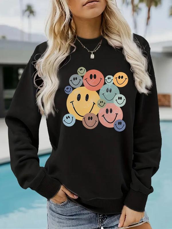 Women's Casual Smiley Face Pullover Sweater, Soft Long Sleeve Round Neck Sweatshirt, All-Season Comfortable Daily Wear...