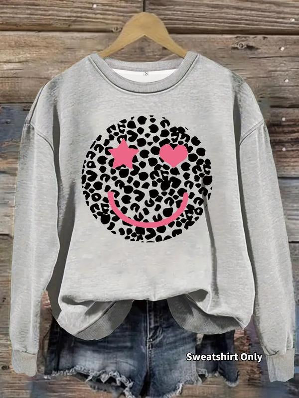 Women's Casual Smiley Face Pullover Sweater, Soft Long Sleeve Round Neck Sweatshirt, All-Season Comfortable Daily Wear...
