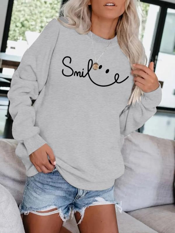 Women's Casual Smiley Graphic Pullover Sweatshirt, Soft Long Sleeve Round Neck, All-Season Comfort, Durable Fabric...