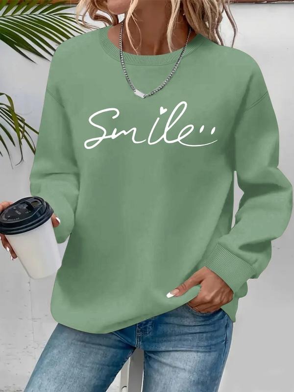 Women's Casual Smiley Print Hoodie, Soft Long Sleeve Round Neck Sweatshirt, All-Season Comfort, Durable Fabric T-Shirts
