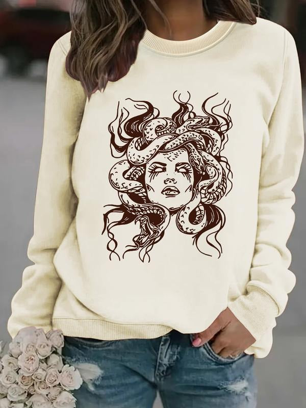 Women's Casual Snake Print Pullover Sweater, Soft Long Sleeve Round Neck Sweatshirt, Comfortable Daily Wear T-Shirts, Hoodie