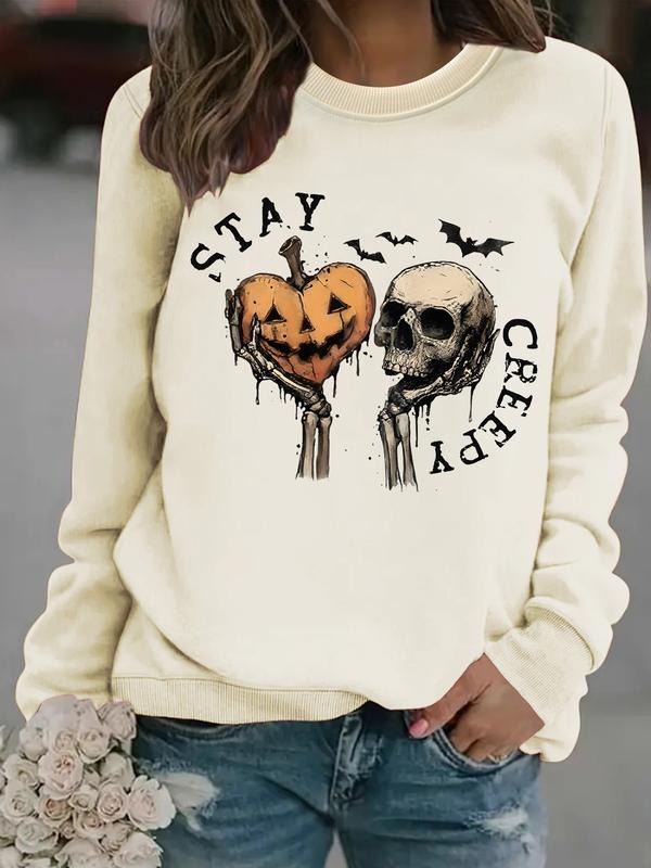 Women's Casual Stay Creepy Skull Pumpkin Sweatshirt, Soft Long Sleeve Round Neck Halloween Pullover, All Seasons Wear...