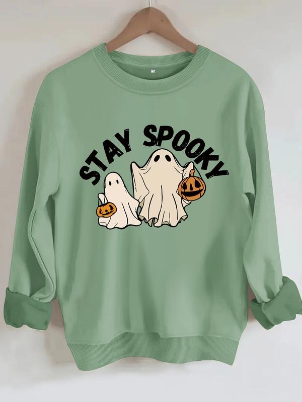 Women's Casual Stay Spooky Halloween Ghost Pattern Hoodie, Soft Long Sleeve Round Neck Sweatshirt, All-Season Comfort...