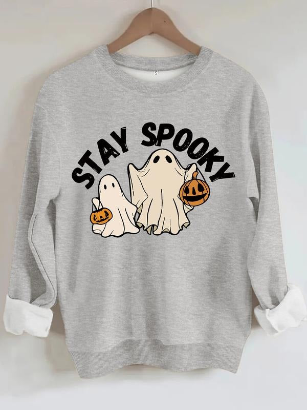 Women's Casual Stay Spooky Halloween Ghost Print Pullover Sweater, Soft Long Sleeve Round Neck Sweatshirt, All Seasons...
